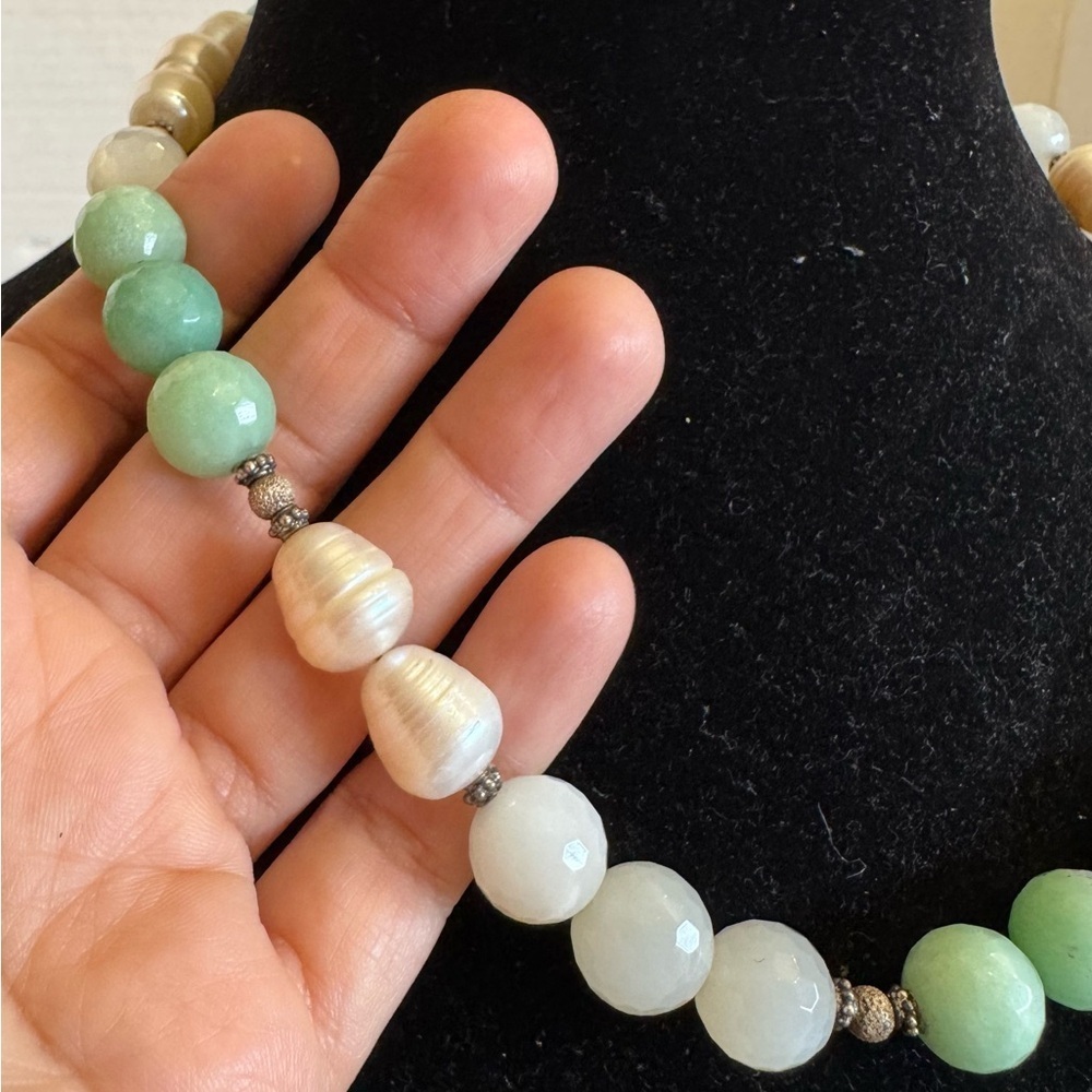 925 Sterling Silver Freshwater Pearls Quartz Aventurine Gemstone Beaded Necklace